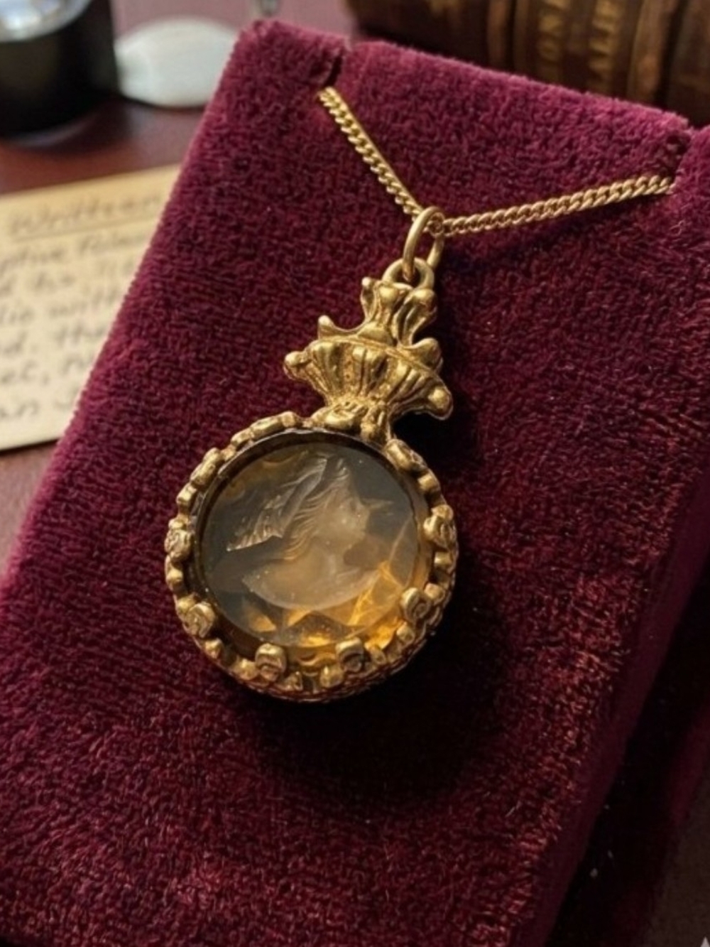 Vintage Goldette Glass Intaglio Pendant Cameo Crown Charm 1.5